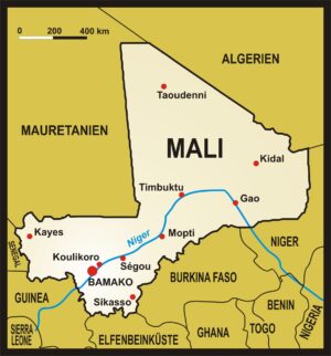 Mali Armored Vehicle and Security Escort Service A map of Mali and surrounding countries (Algeria, Mauritania, Senegal, Guinea, Burkina Faso, Niger, Benin, Nigeria, Ghana, Togo and Elfenbeinküste). The map also shows some major cities and the Niger River.