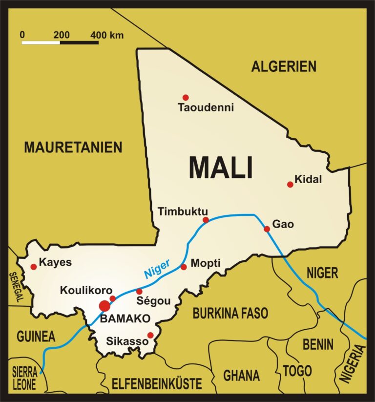 A map of Mali and surrounding countries (Algeria, Mauritania, Senegal, Guinea, Burkina Faso, Niger, Benin, Nigeria, Ghana, Togo and Elfenbeinküste). The map also shows some major cities and the Niger River.